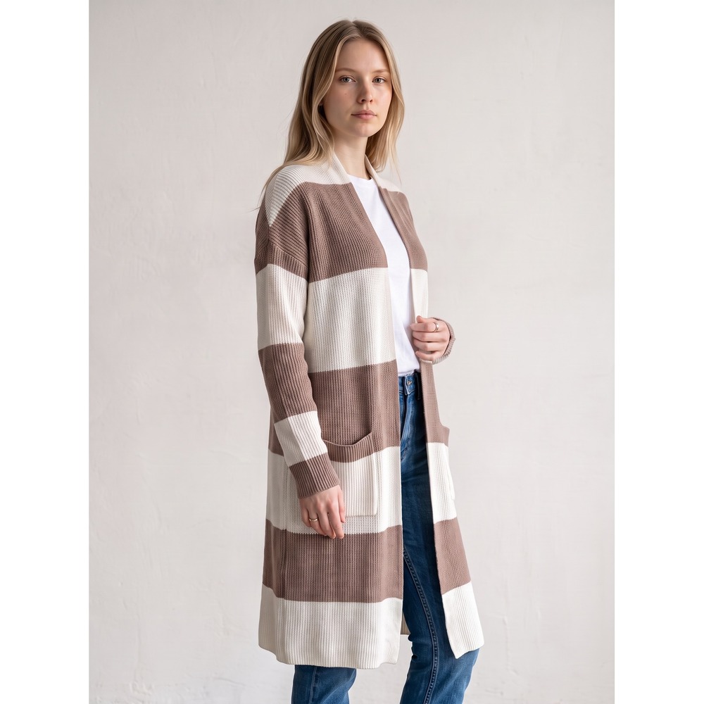 The Limited Womens Longline Striped Cardigan Duster Tan Cream Size M